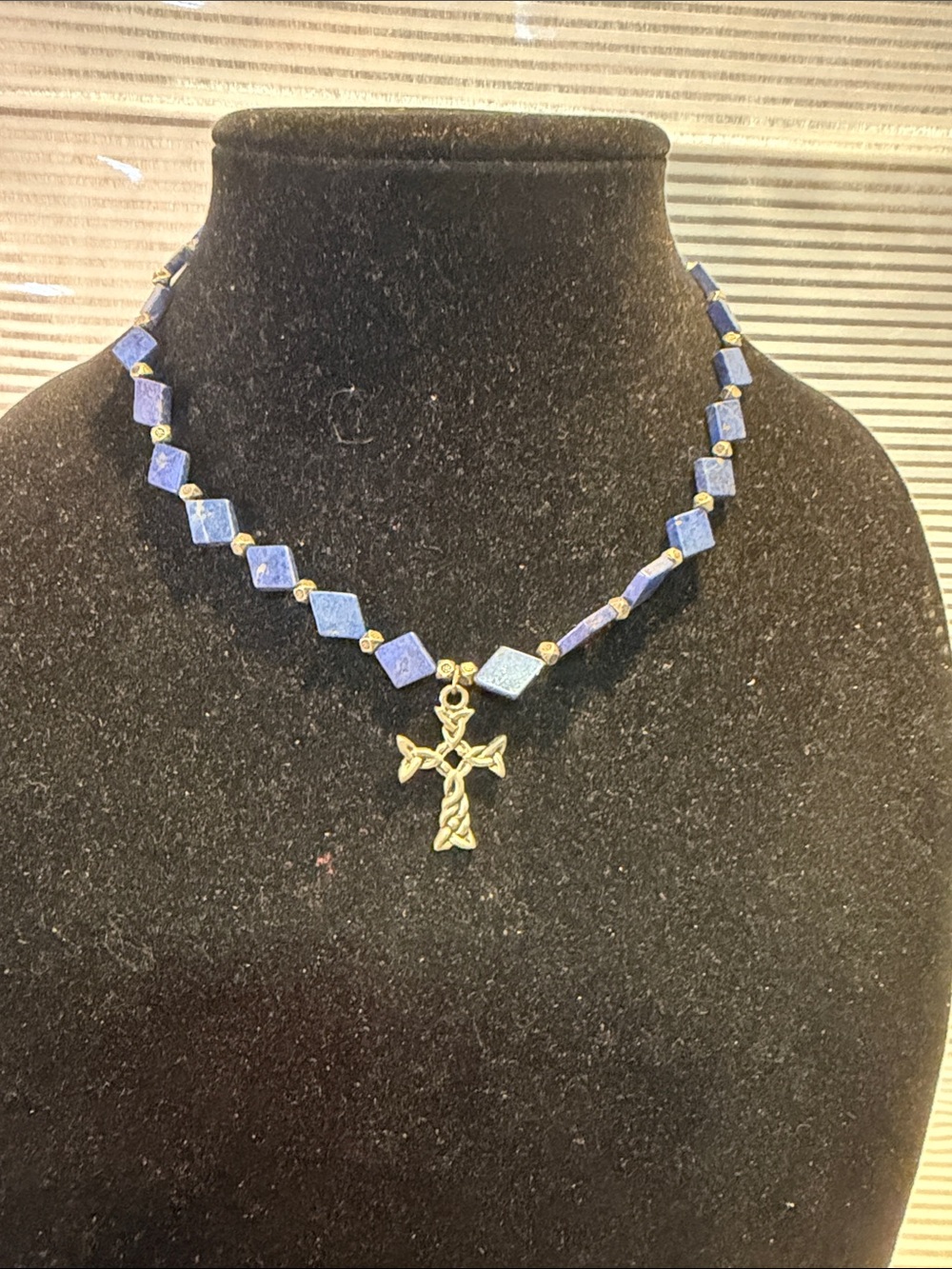 Lapis Blue Beaded Necklace with Silver Celtic Cross Pendant